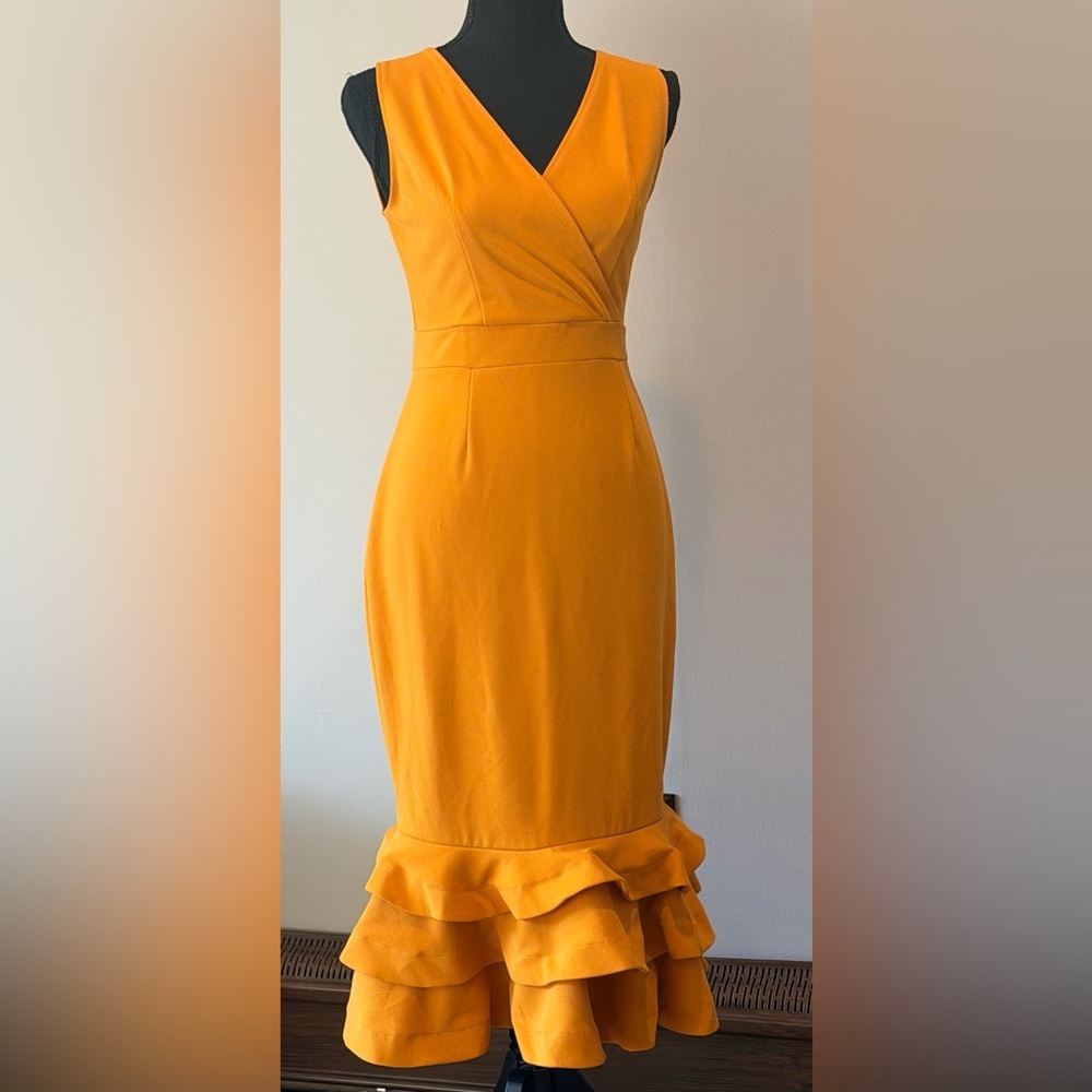 Jennyfer Dress Small Mustard Yellow V Neck Bodycon Ruffle Hem Midi 3196